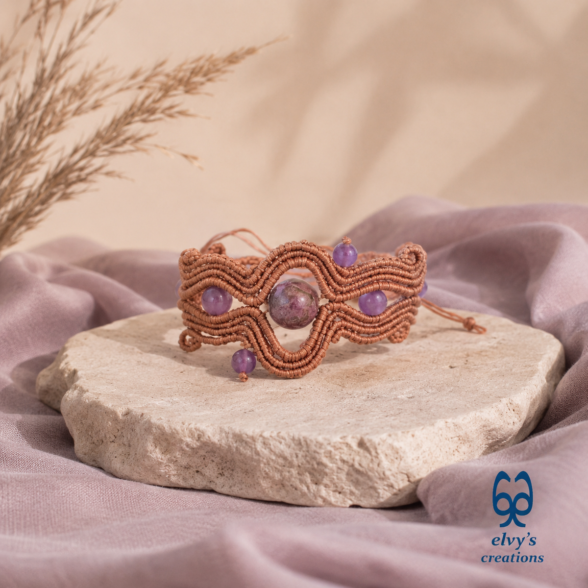 Bronze Beige Macrame Bracelet with Purple Amethyst Gemstones