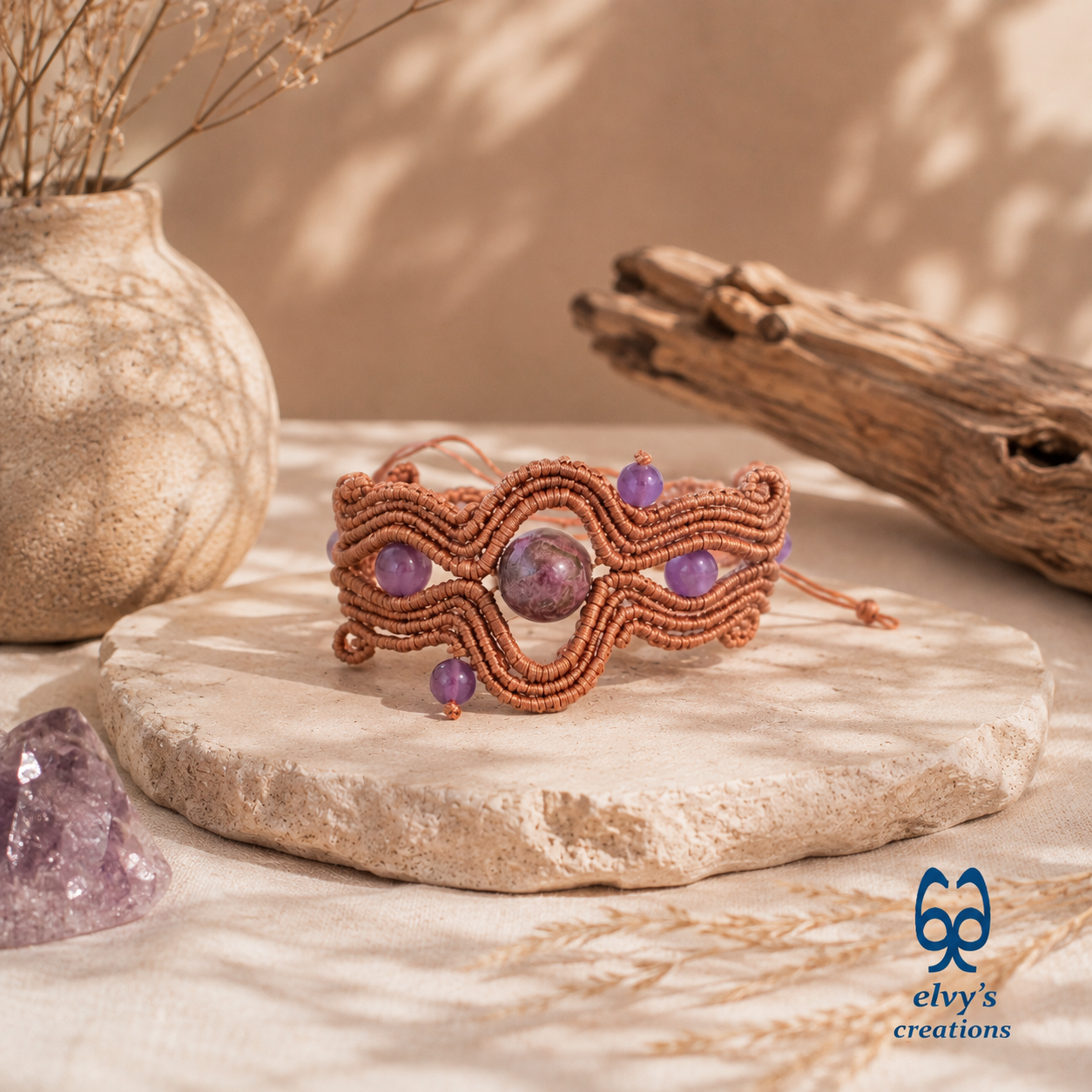 Bronze Beige Macrame Bracelet with Purple Amethyst Gemstones