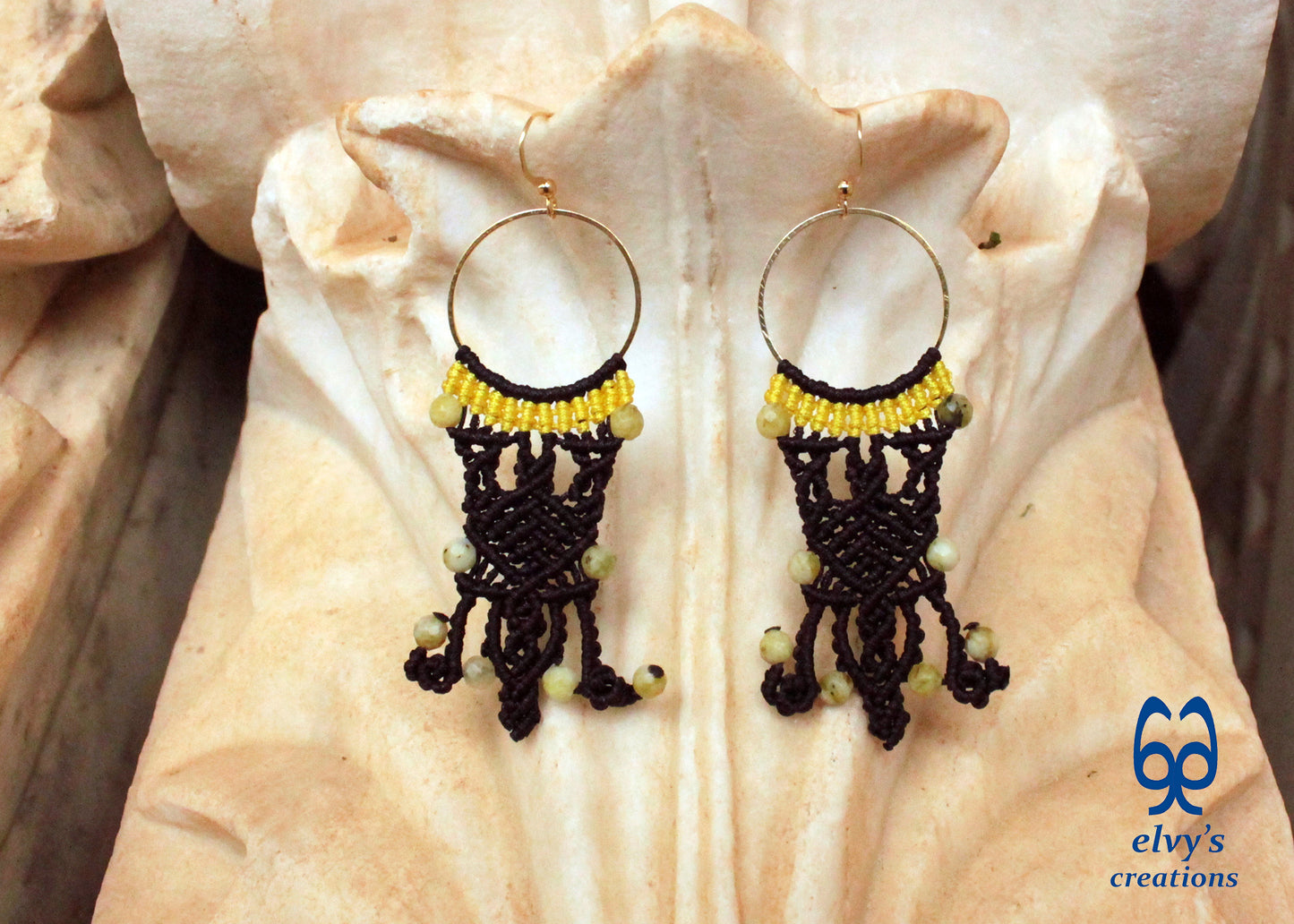 Brown Macrame Hoop Earrings with Yellow Moss Agate Gemstones Silver Earrings