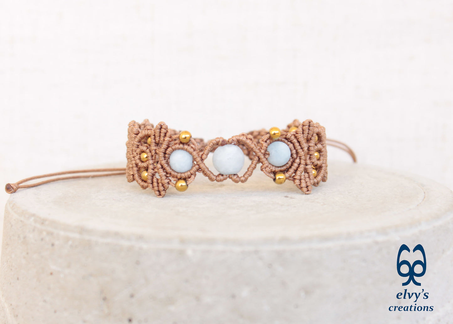 Brown Macrame Bracelet with Beryl Gemstones Adjustable Gold Handmade Bracelet