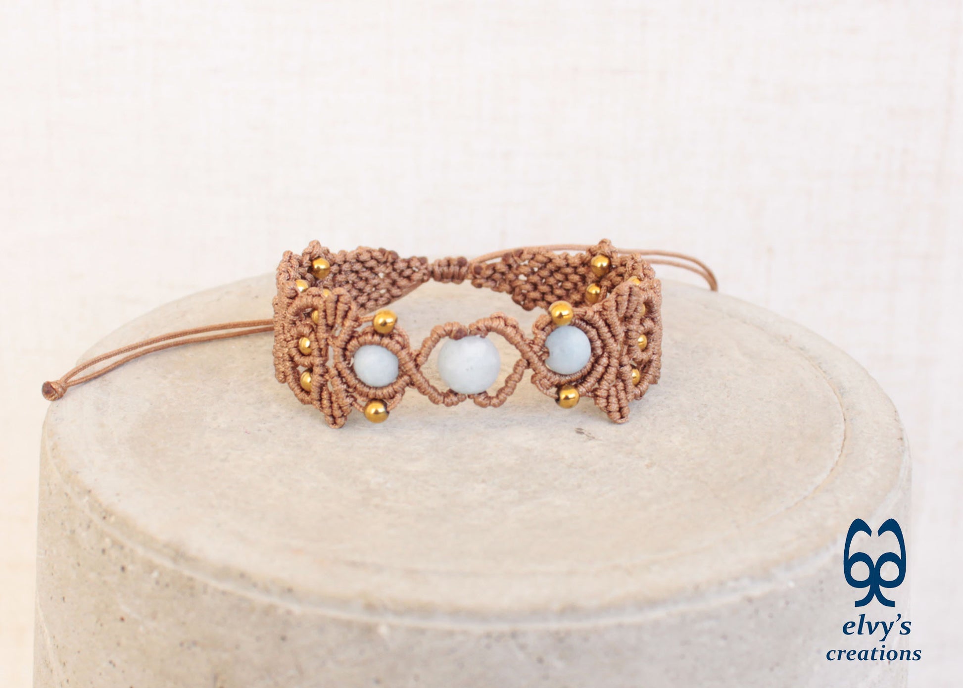 Brown Macrame Bracelet with Beryl Gemstones Adjustable Gold Handmade Bracelet