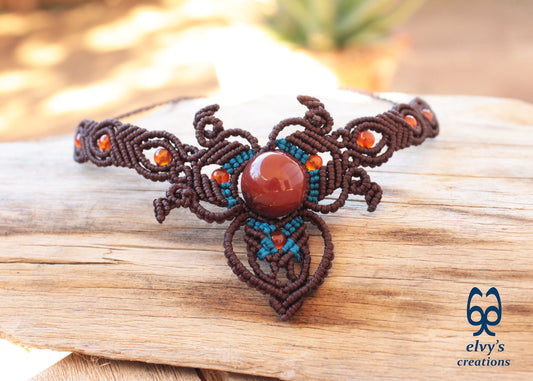 Handmade Brown Macrame Choker Necklace with Orange Carnelian Gemstones