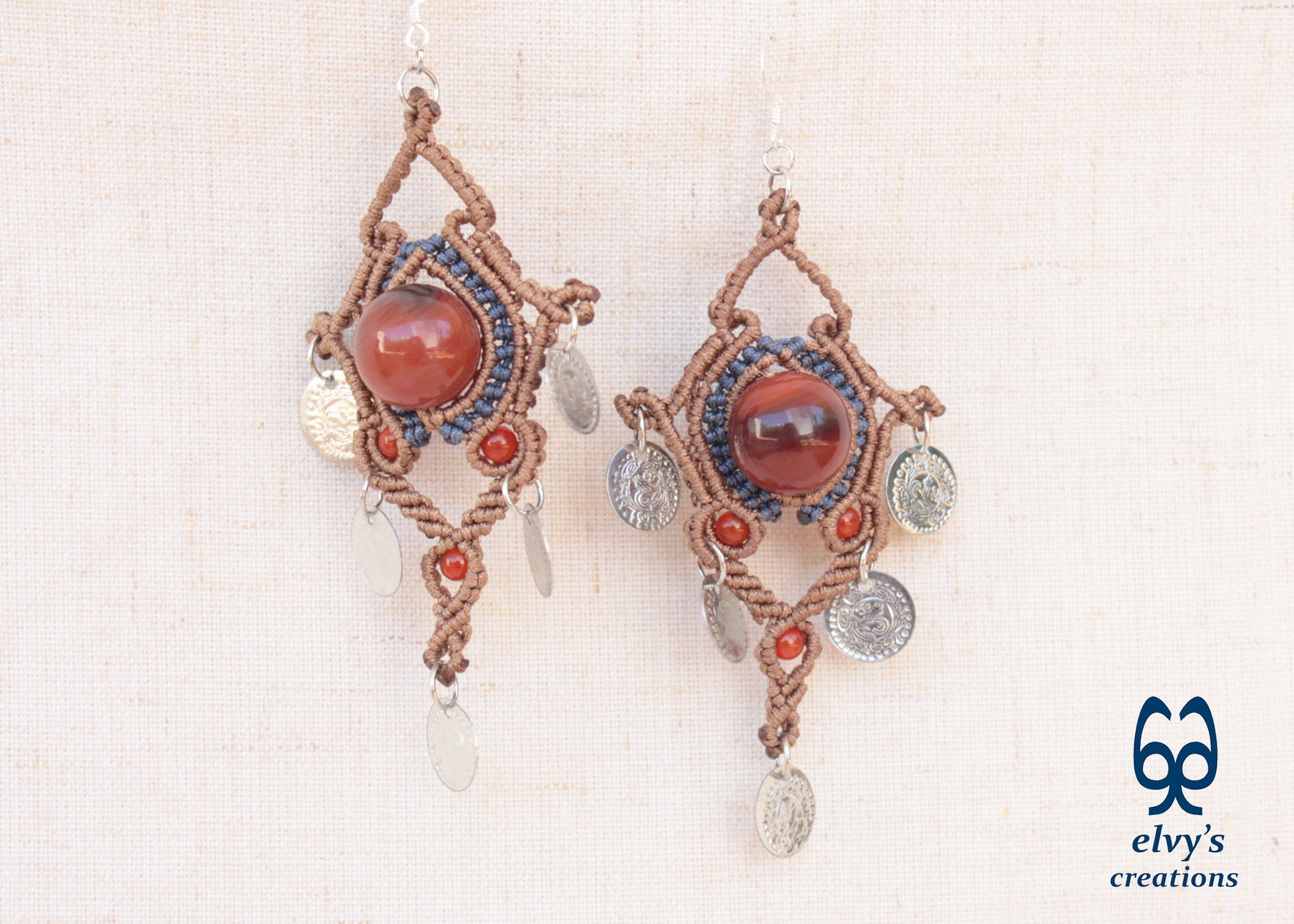 Red Macrame Beaded Earrings, Carnelian Gemstone Beads, Silver Coin Dangle Earrings, Birthday Gift for Women