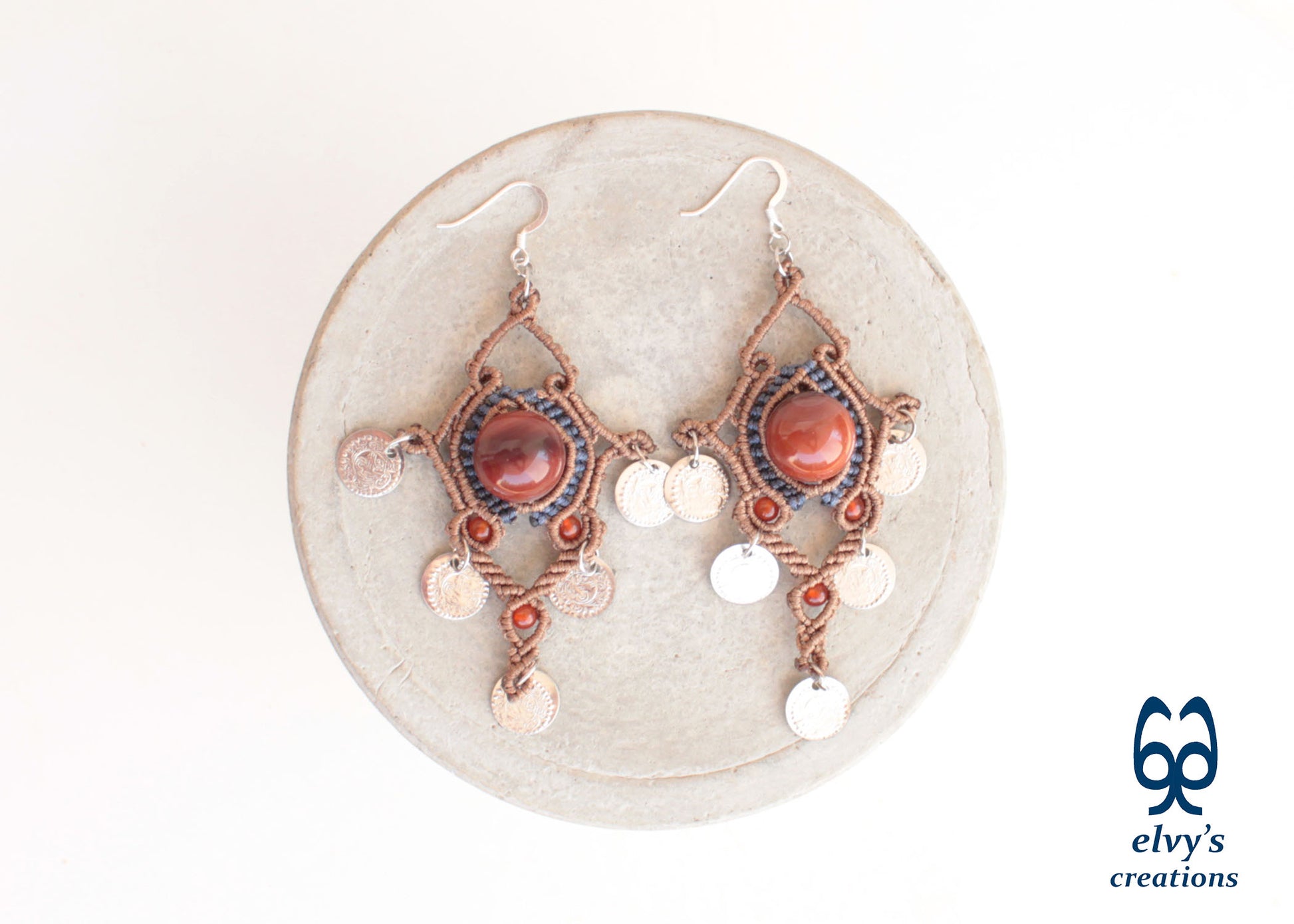 Red Macrame Beaded Earrings, Carnelian Gemstone Beads, Silver Coin Dangle Earrings, Birthday Gift for Women
