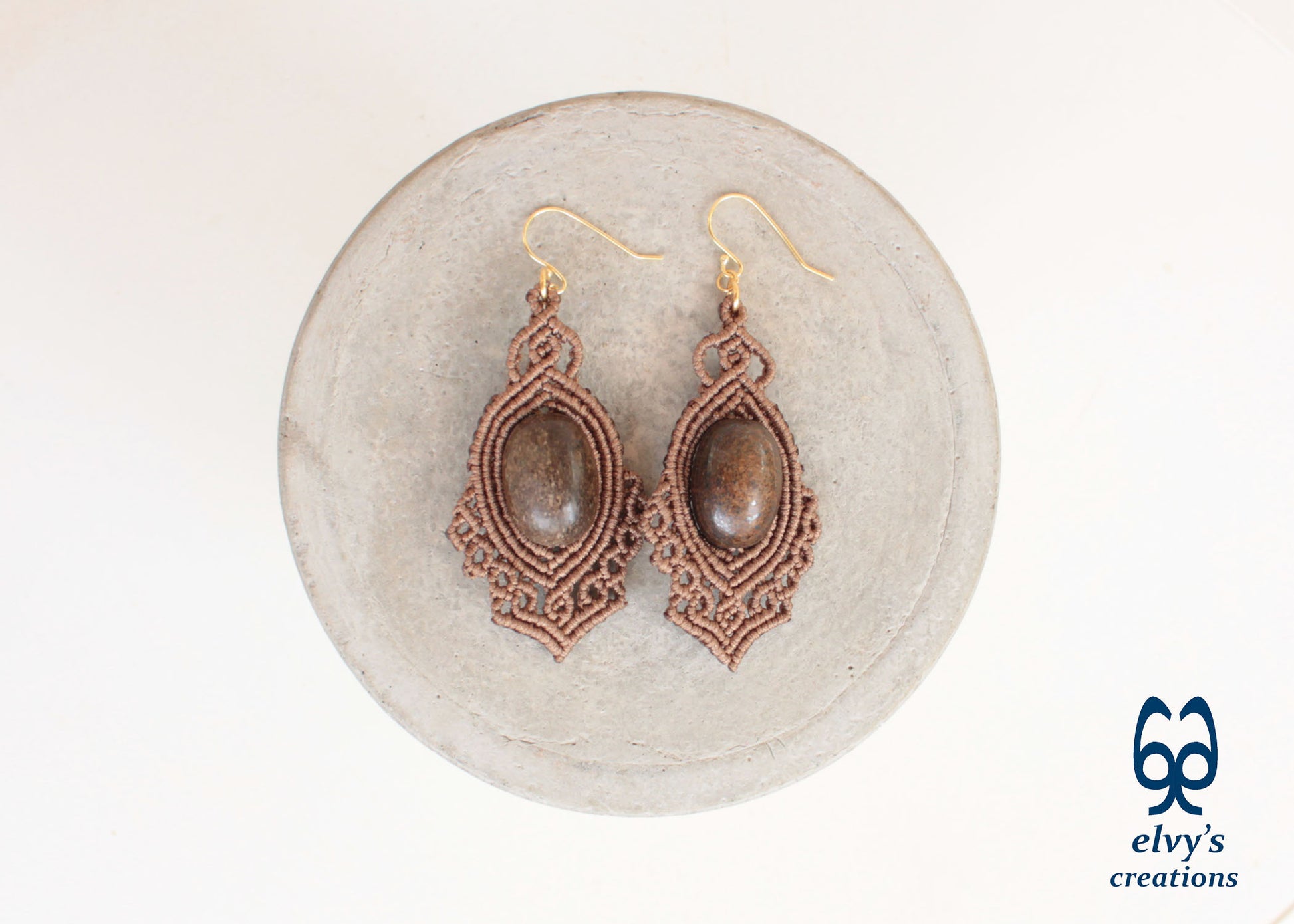 Handmade Brown Macrame Earrings Dangle with Bronzite Gemstones Silver Macrame Earrings