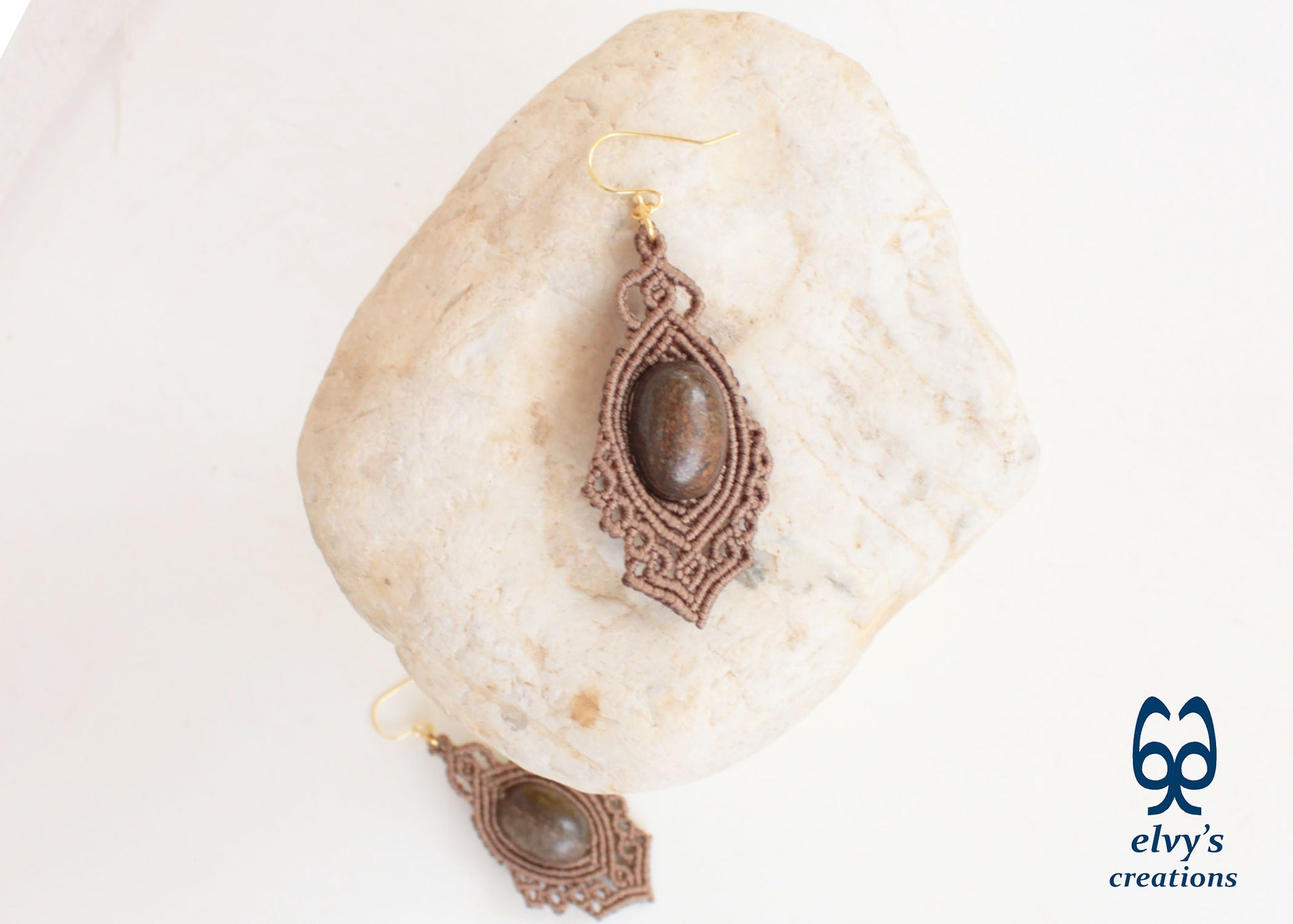 Handmade Brown Macrame Earrings Dangle with Bronzite Gemstones Silver Macrame Earrings