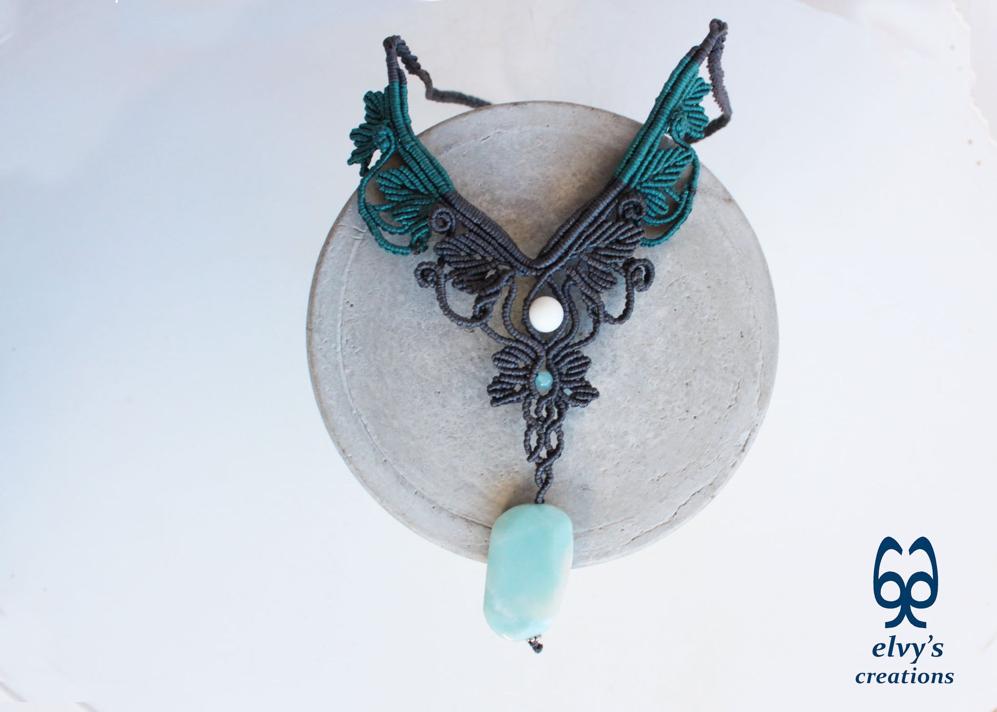 Gray Macrame Necklace Handmade Macrame Choker with Amazonite Macrame Jewelry