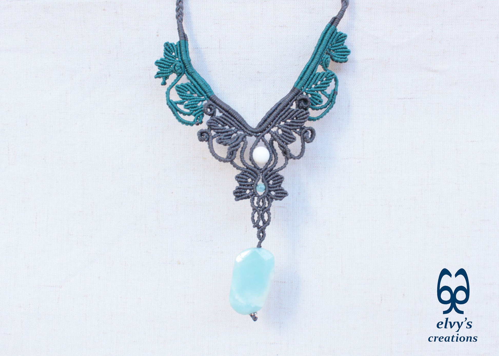 Gray Macrame Necklace Handmade Macrame Choker with Amazonite Macrame Jewelry