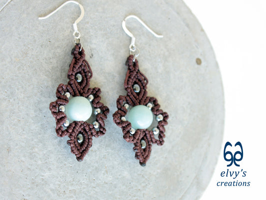 Handmade Brown Macrame Earrings with Chalcedony Gemstones
