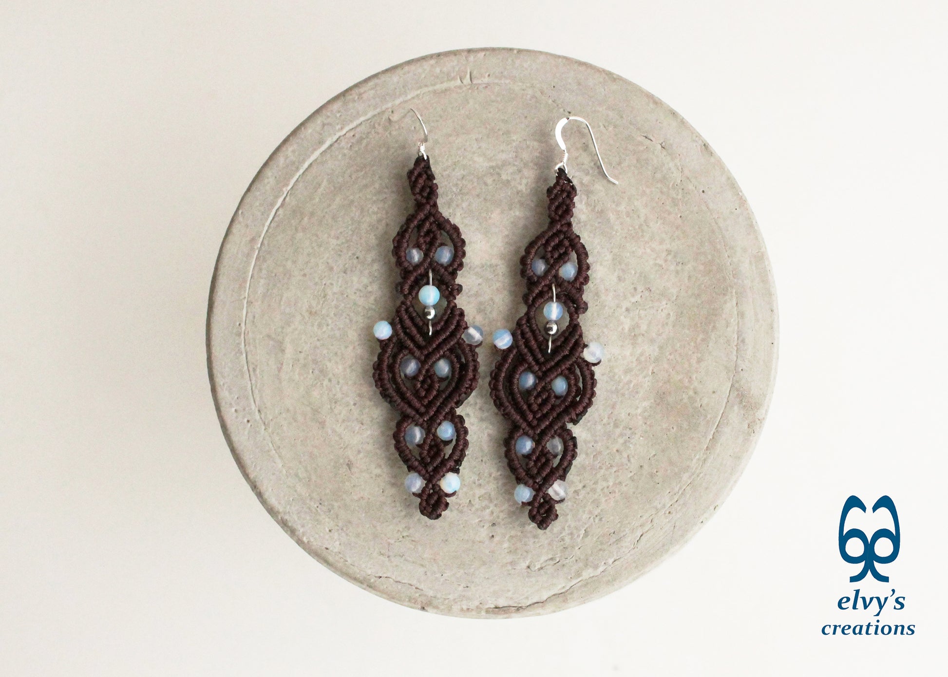 Brown Macrame Earrings with Moonstones Brown Rainbow Moonstone