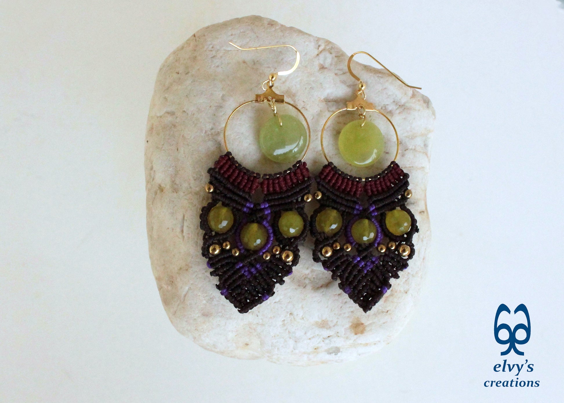 Brown Macrame Earrings with Jade Gemstones Green Dangle Hoop Earrings