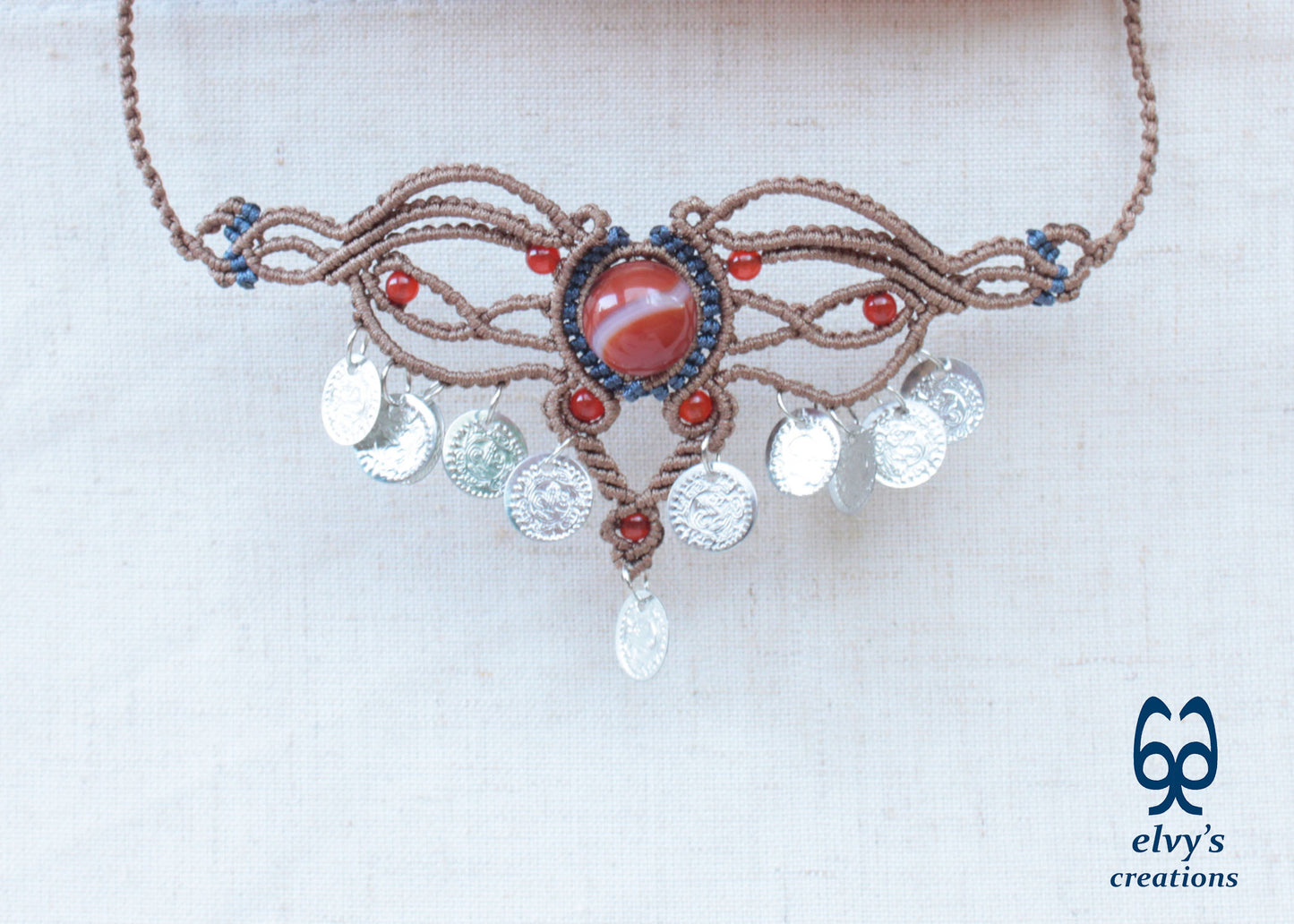 Brown Macramé Choker Necklace with Carnelian Gemstone Adjustable Macramé Necklace