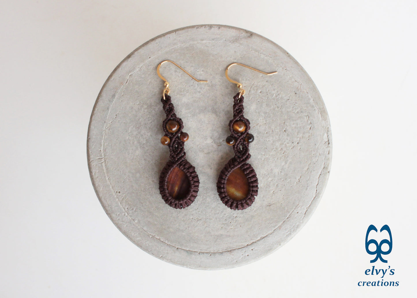 Handmade Brown Macrame Earrings with Long Dangle Tiger Eye Gemstones