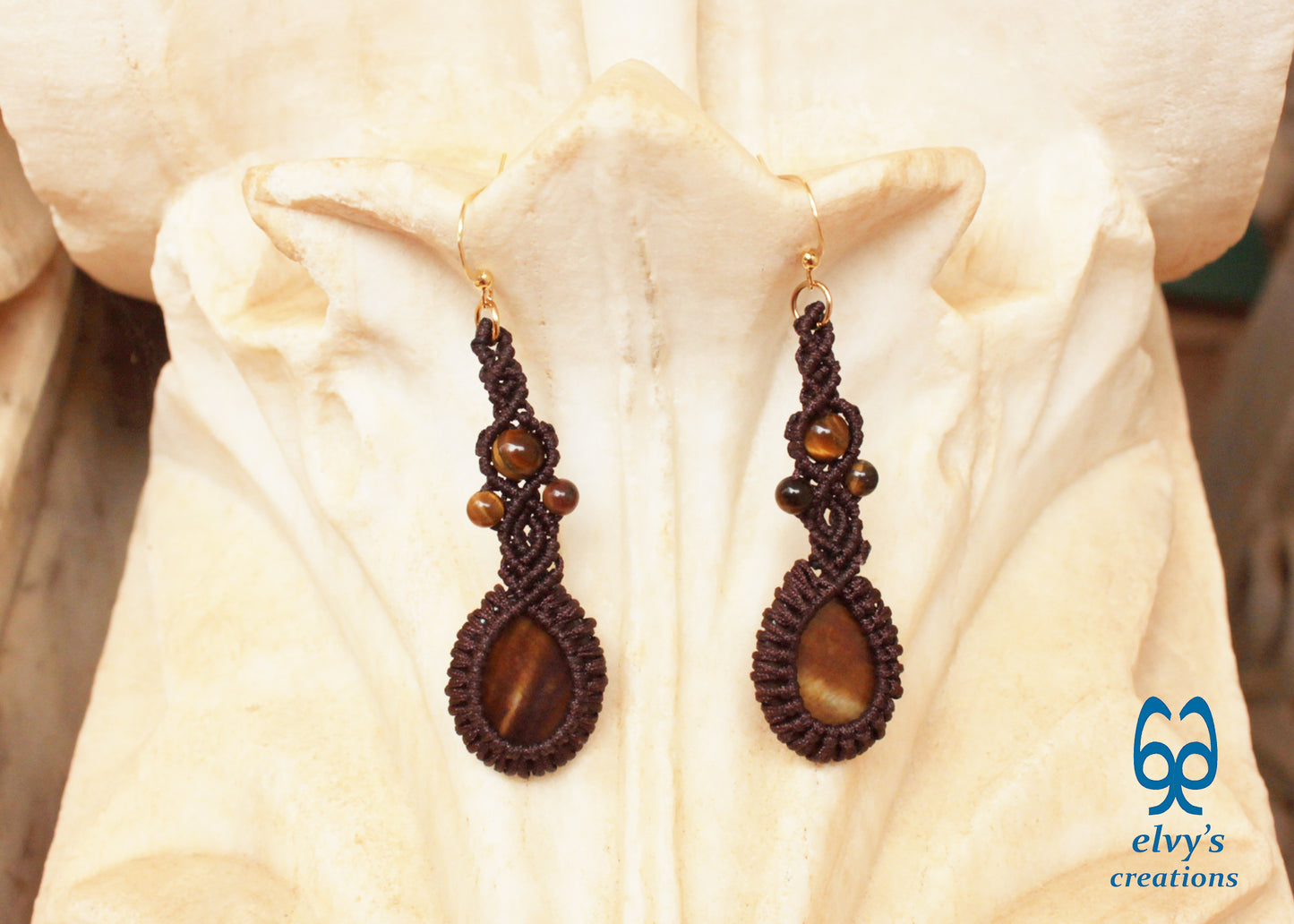 Handmade Brown Macrame Earrings with Long Dangle Tiger Eye Gemstones
