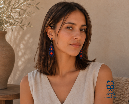 Blue Macrame Beaded Earrings, Carnelian Gemstone Beads, Silver Dangle Earrings, Birthday Gift for Women