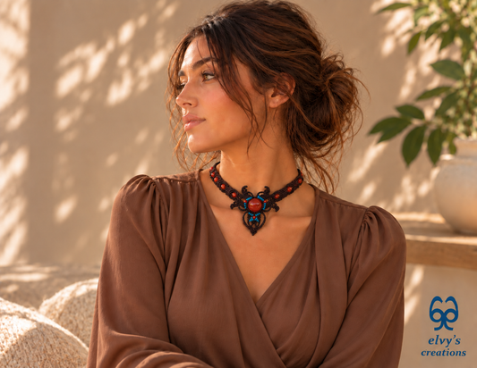 Handmade Brown Macrame Choker Necklace with Orange Carnelian Gemstones
