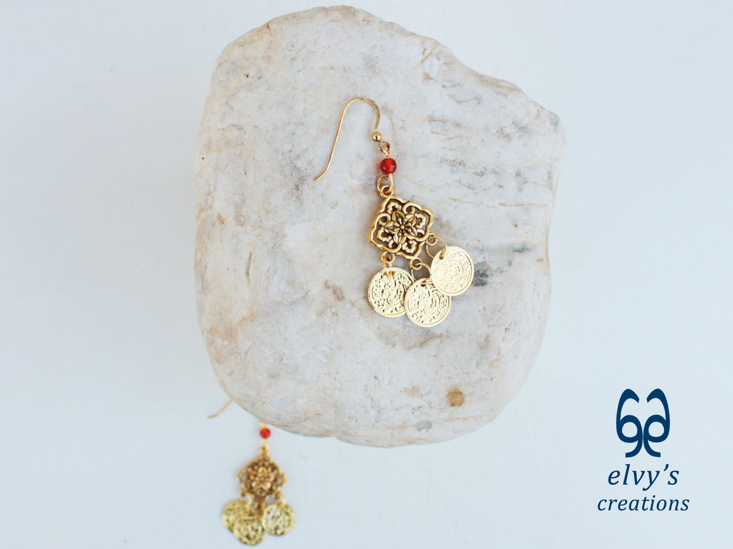 Handmade Greek Gold Traditional Earrings with Carnelian Gemstone and Flower Element