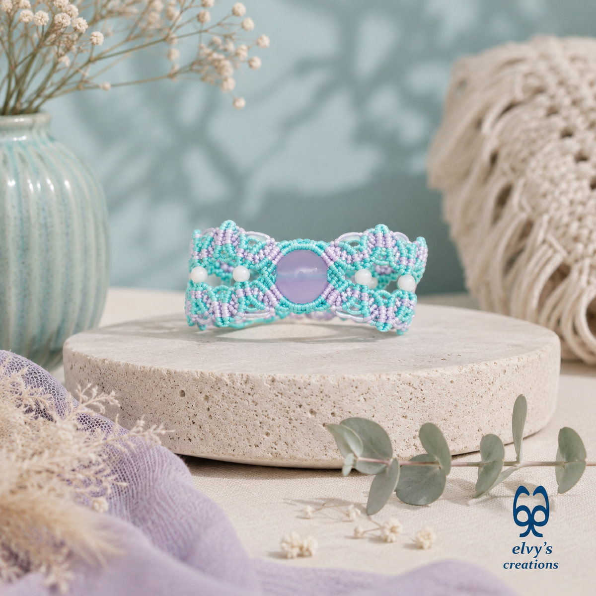 Handmade Macrame Blue Bracelet with Violet Purple Chalcedony Adjustable Cuff