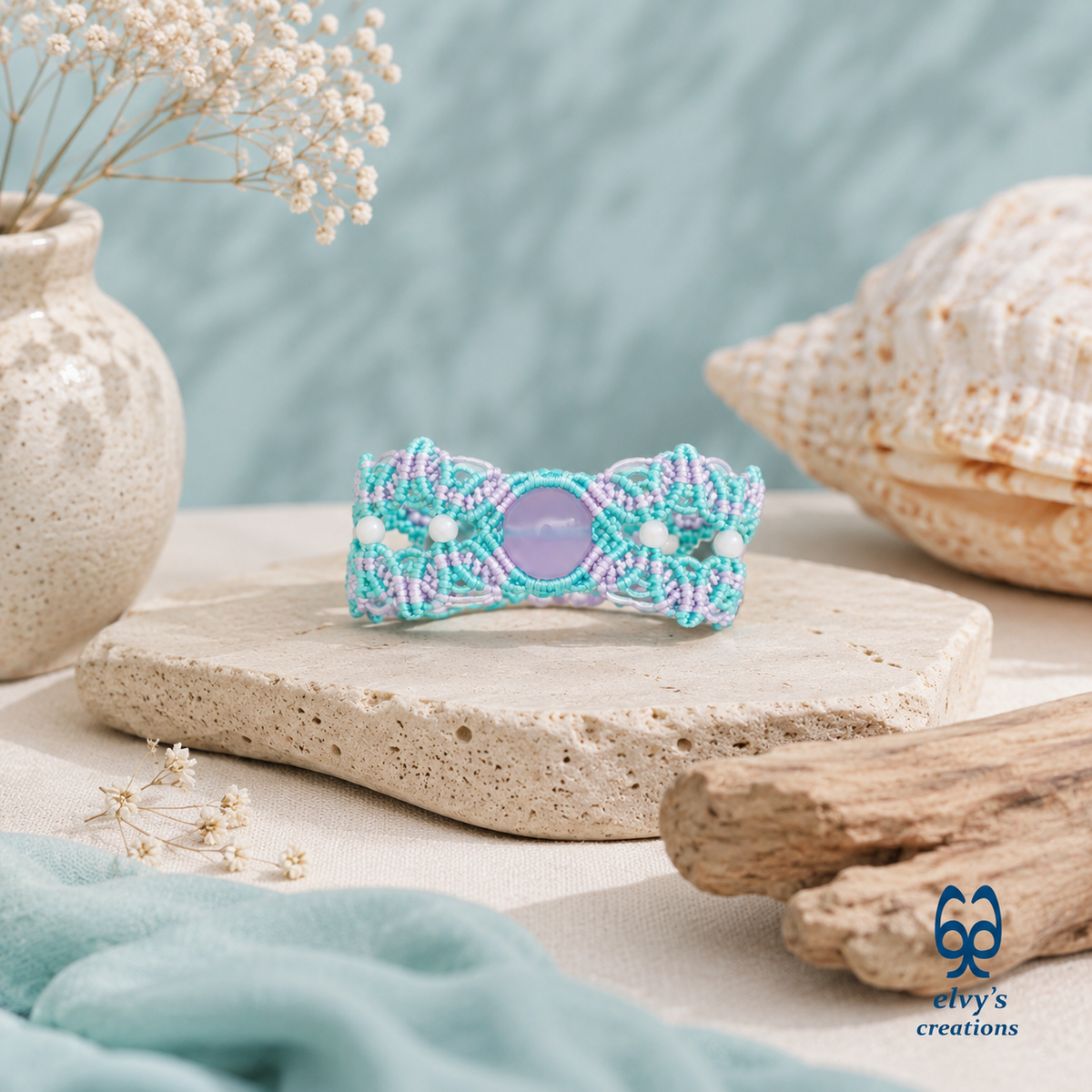 Handmade Macrame Blue Bracelet with Violet Purple Chalcedony Adjustable Cuff