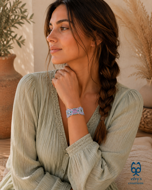Handmade Macrame Blue Bracelet with Violet Purple Chalcedony Adjustable Cuff
