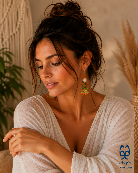 Yellow Macrame Earrings with Milky Quartz Green Gemstones