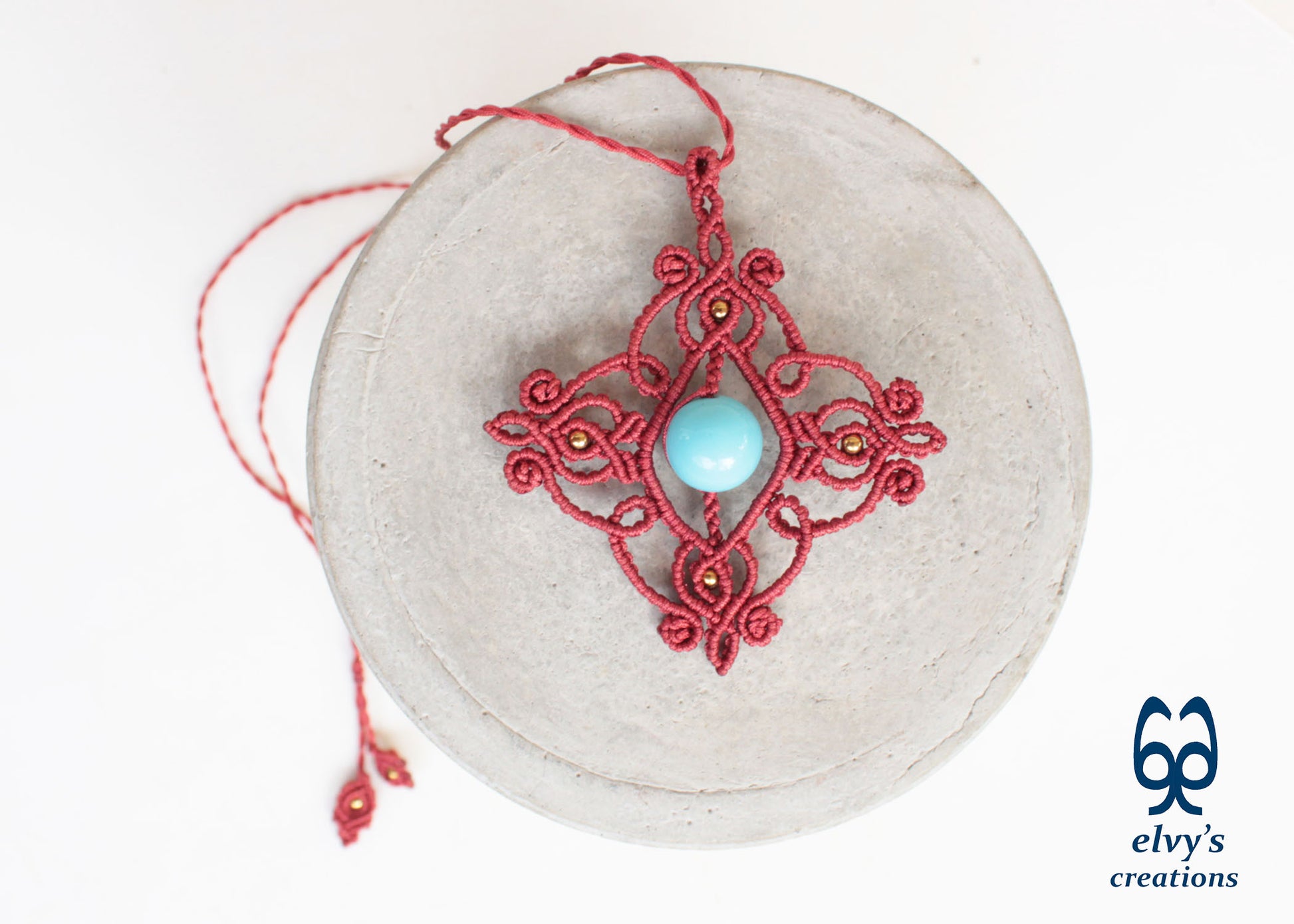 Handmade Clay Red Macramé Necklace with Blue Turquoise Gemstones