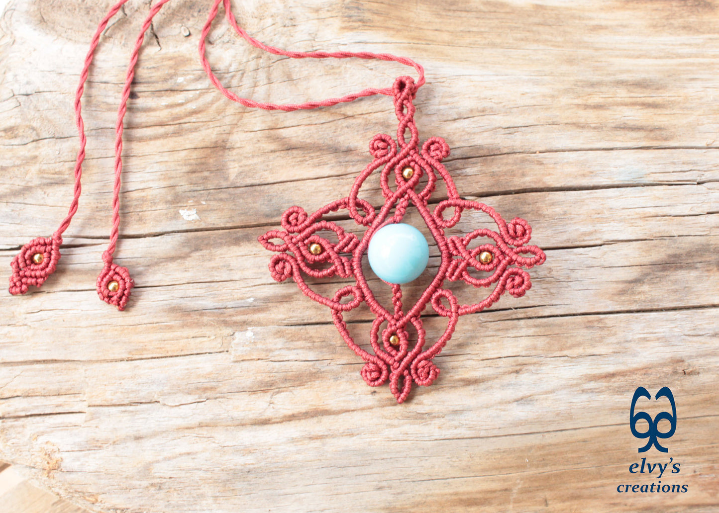 Handmade Clay Red Macramé Necklace with Blue Turquoise Gemstones