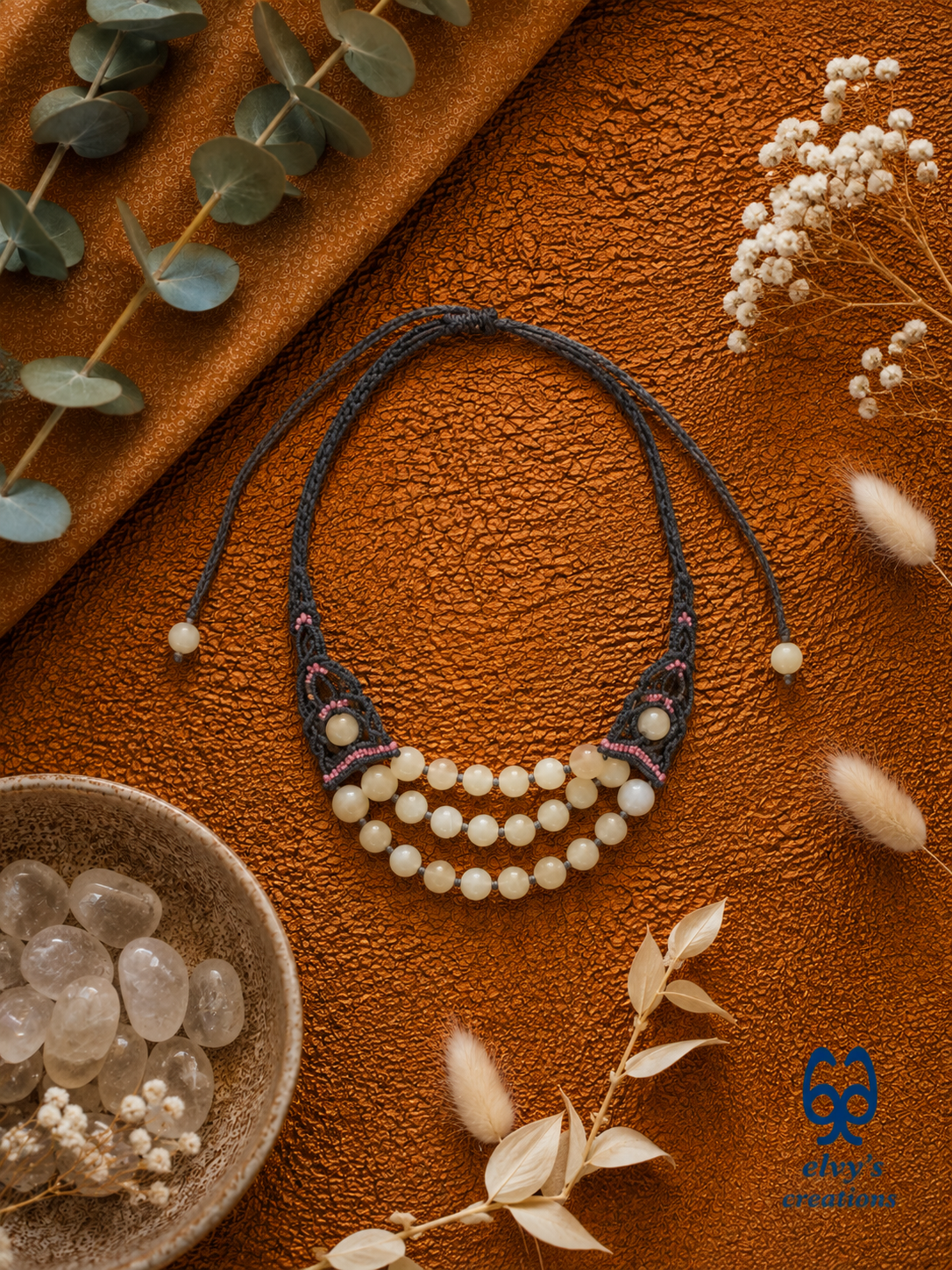 Handmade Gray Macrame Necklace with Crystal Quartz Adjustable Pink Necklace