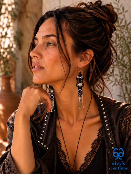 Black and Violet Macrame Earrings with Onyx and Crystal Quartz