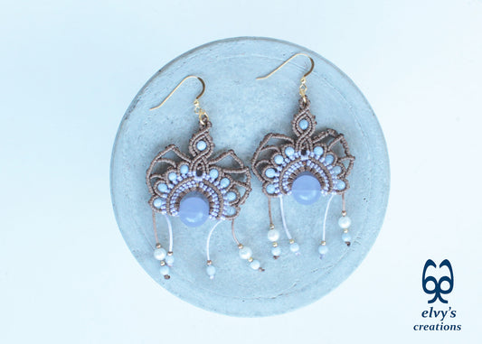 Handmade Beige Macrame Silver Earrings with Purple Chalcedony and Pearls