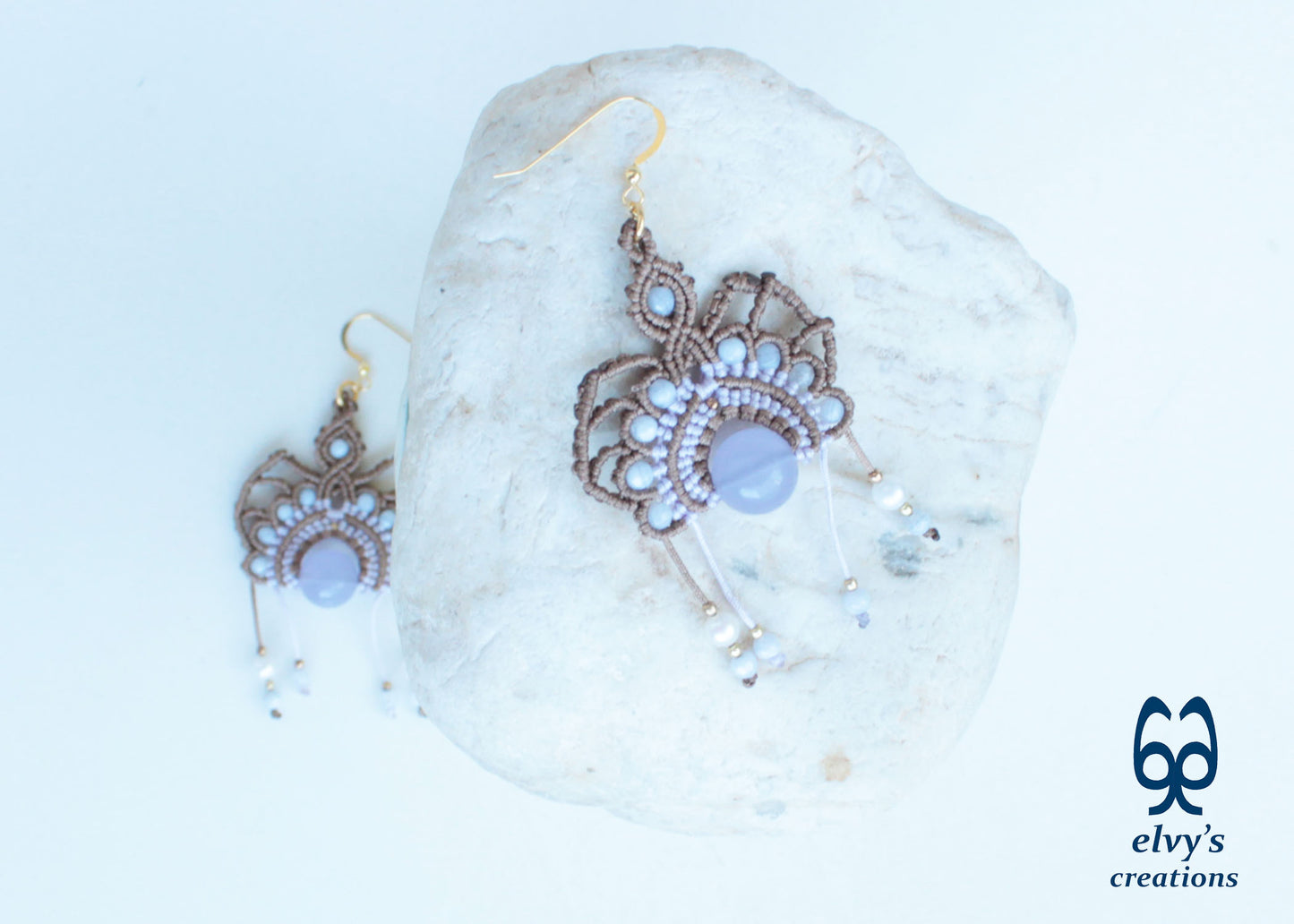Handmade Beige Macrame Silver Earrings with Purple Chalcedony and Pearls