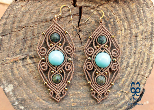 Rusty Gold Macrame Earrings with Turquoise Gemstones