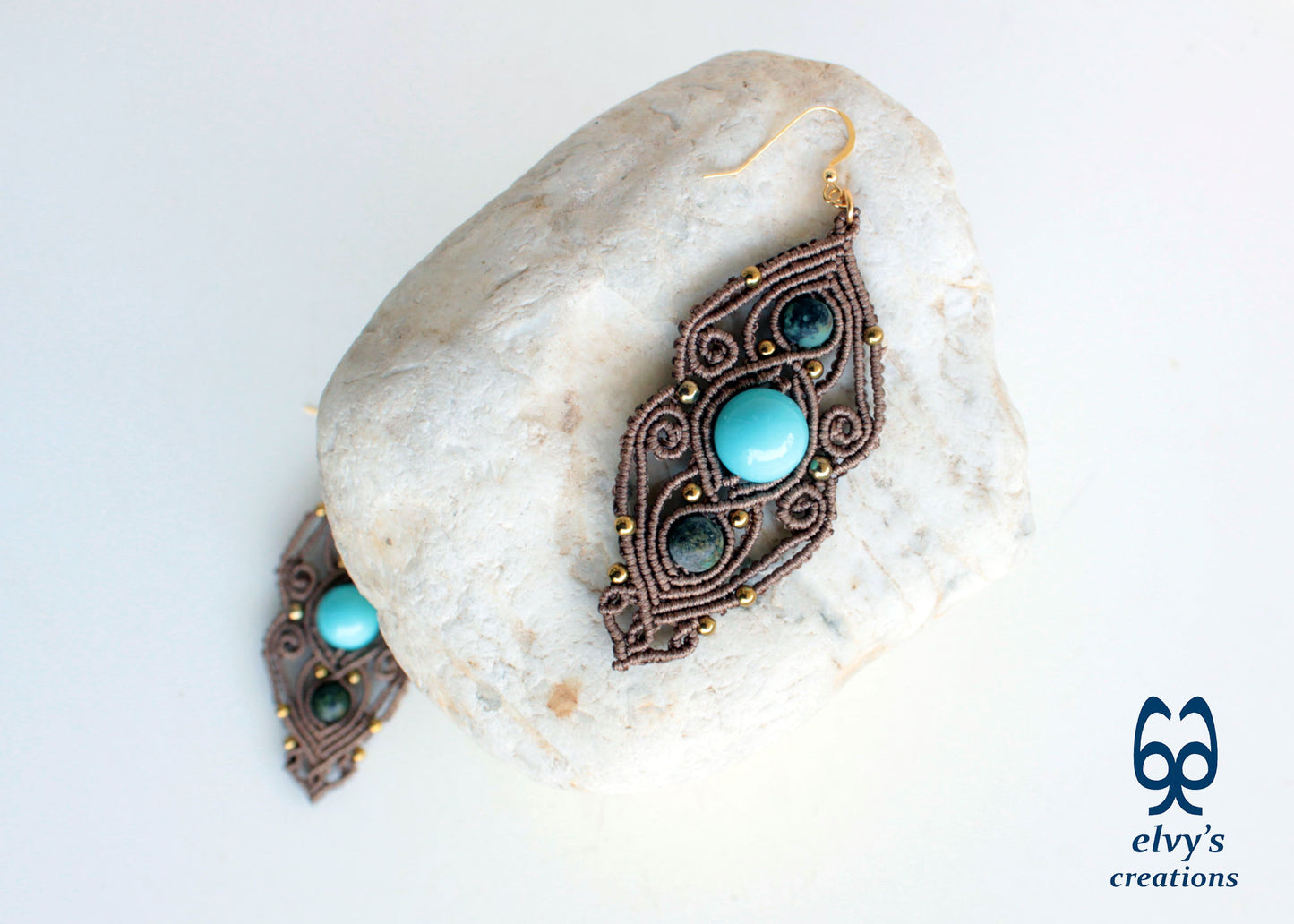 Rusty Gold Macrame Earrings with Turquoise Gemstones
