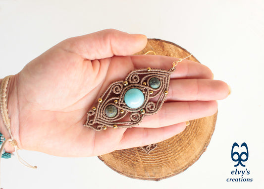 Rusty Gold Macrame Earrings with Turquoise Gemstones