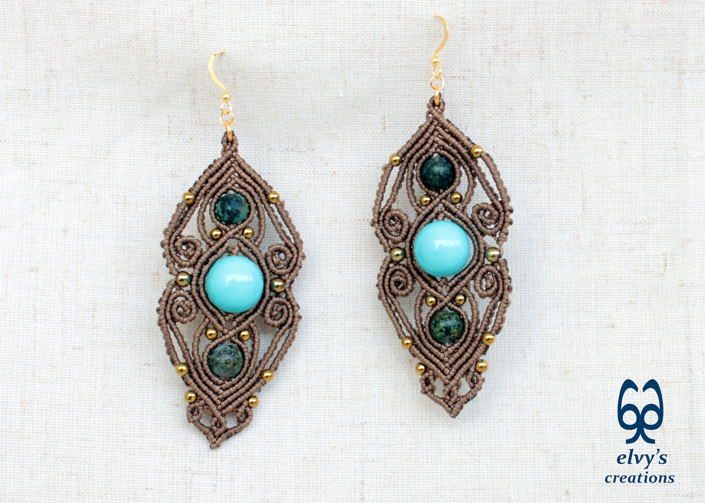 Rusty Gold Macrame Earrings with Turquoise Gemstones