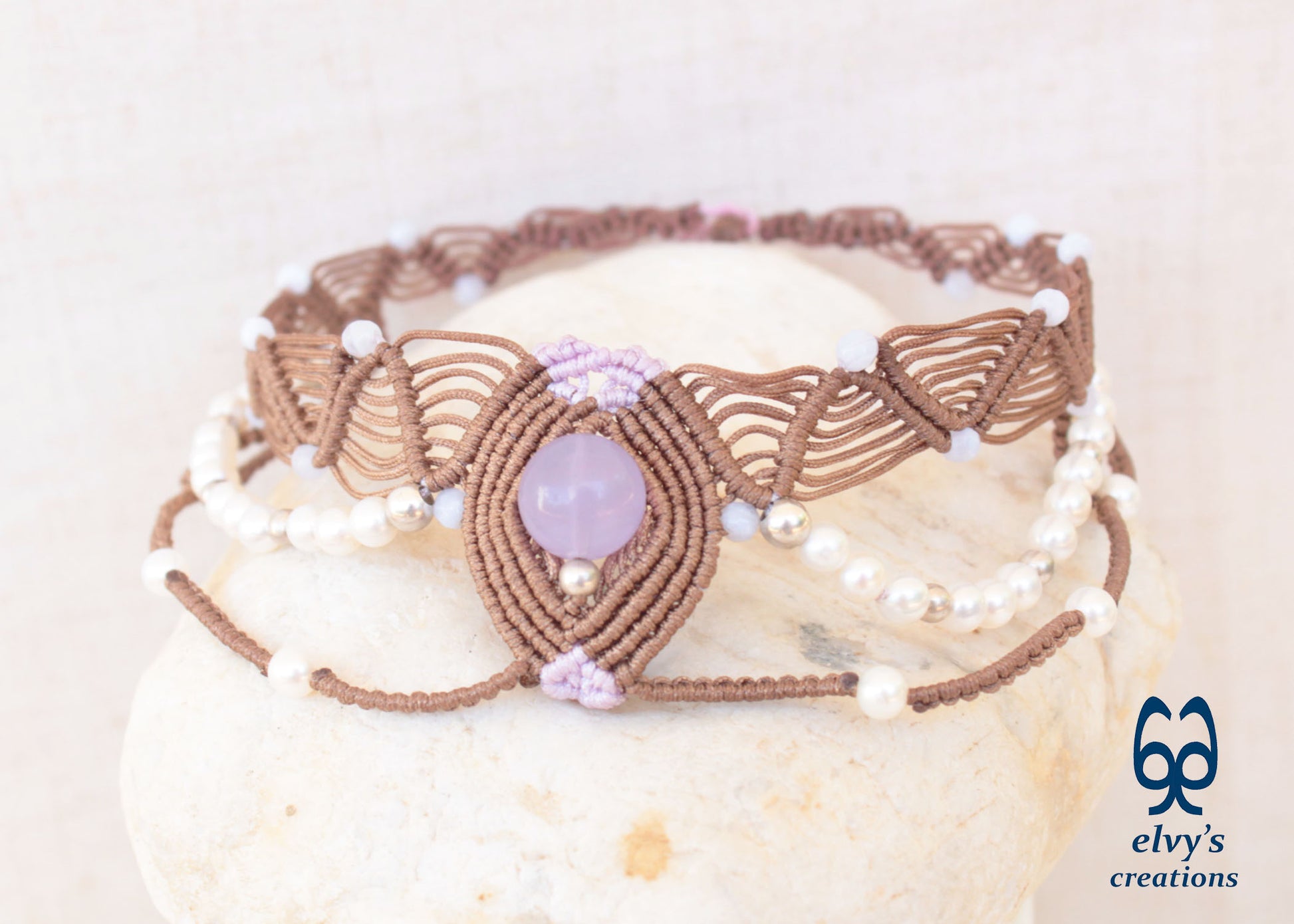 Handmade Brown Macrame Choker Necklace with Chalcedony and Pearls Adjustable Lace Necklace