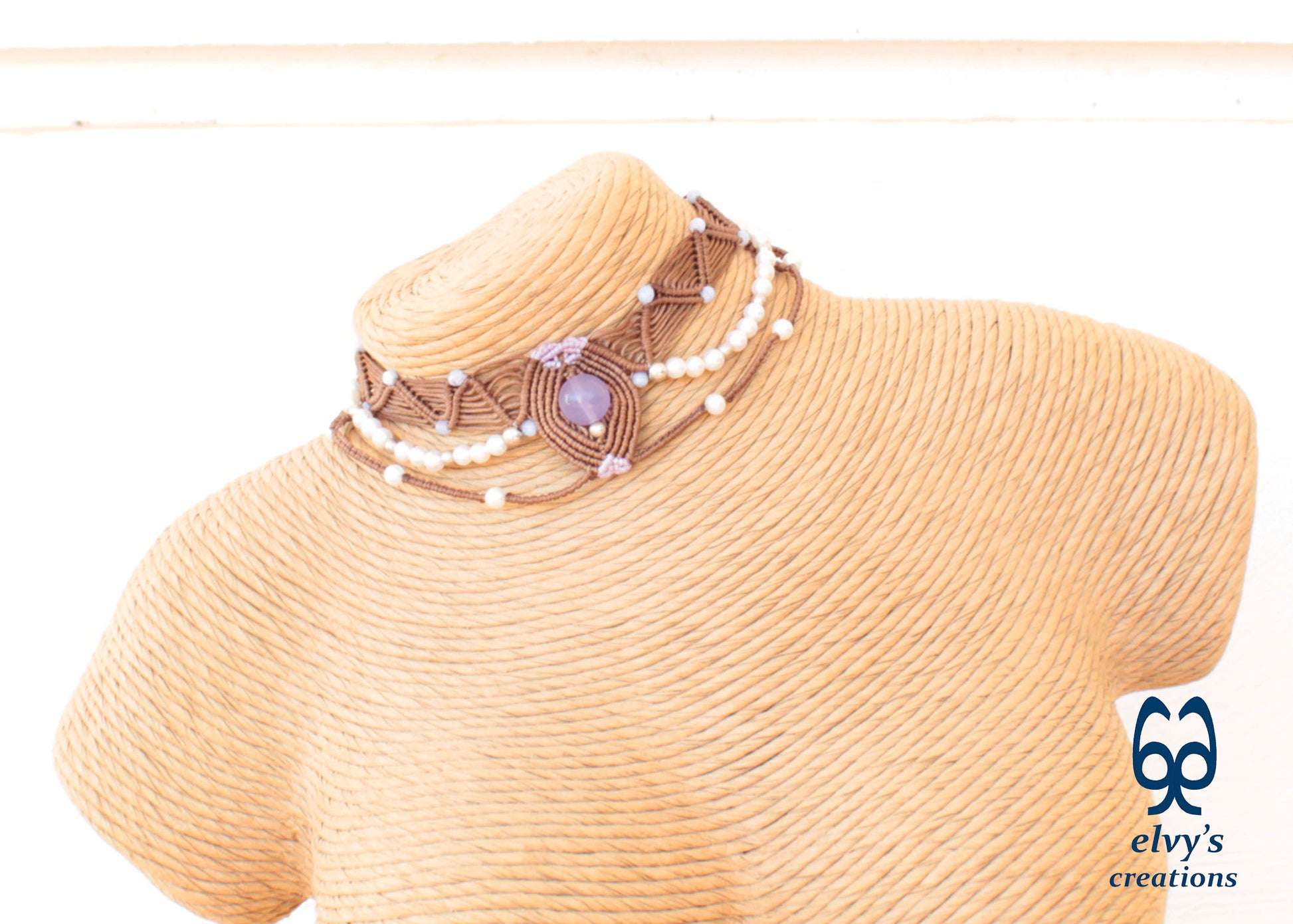 Handmade Brown Macrame Choker Necklace with Chalcedony and Pearls Adjustable Lace Necklace