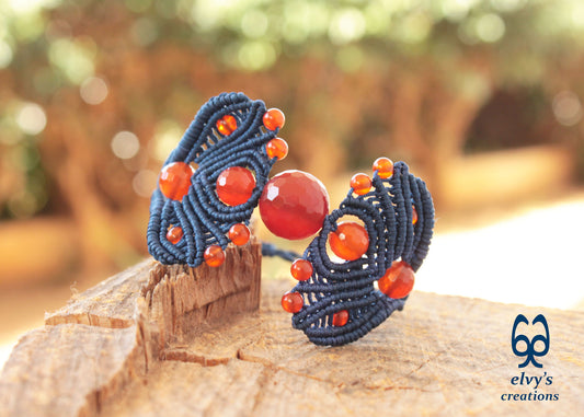 Dark Blue Macrame Adjustable Cuff Bracelet with Orange Carnelian Gemstones
