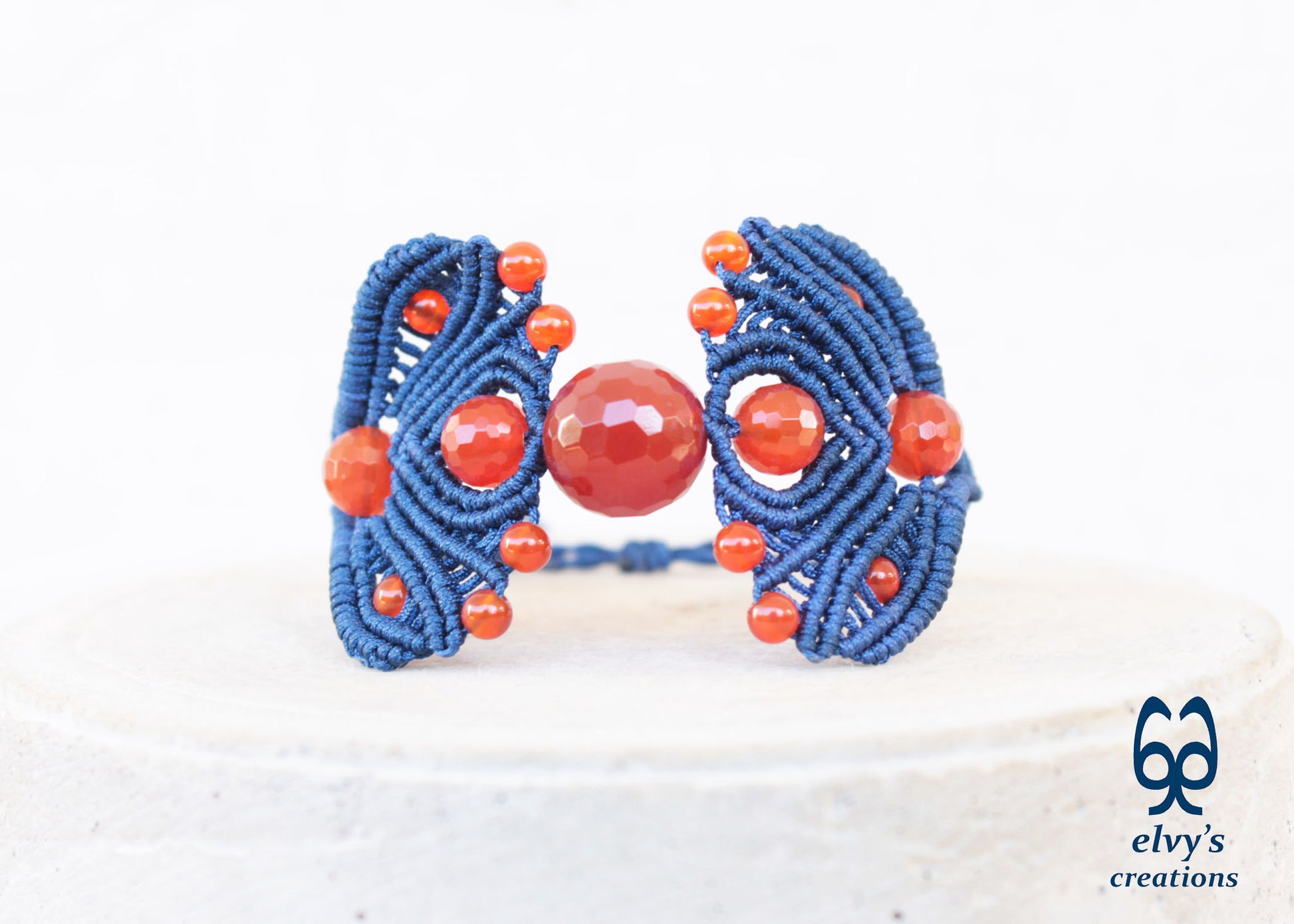 Dark Blue Macrame Adjustable Cuff Bracelet with Orange Carnelian Gemstones