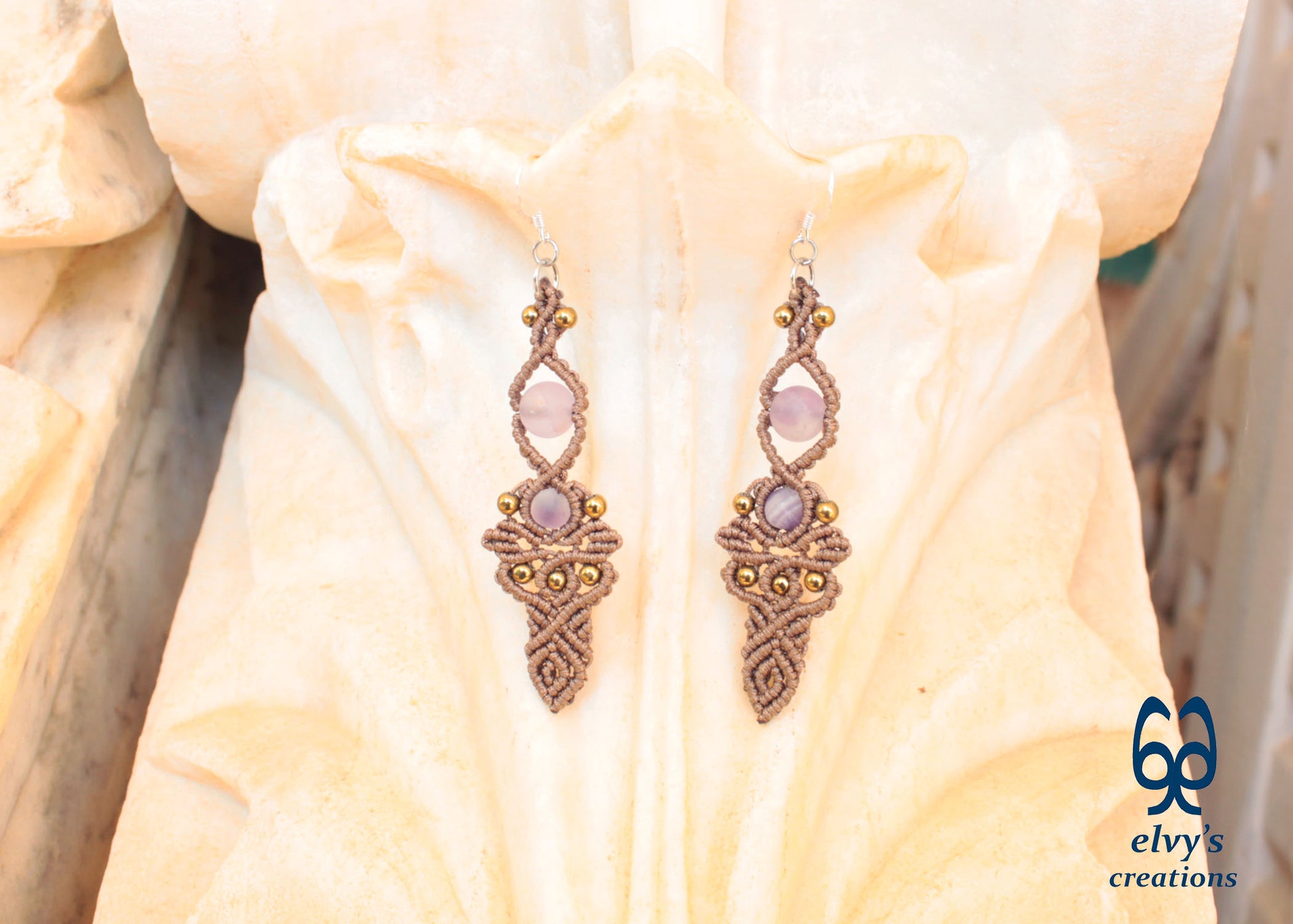 Brown Macrame Earrings with Beryl Gemstones Handmade Silver Earrings