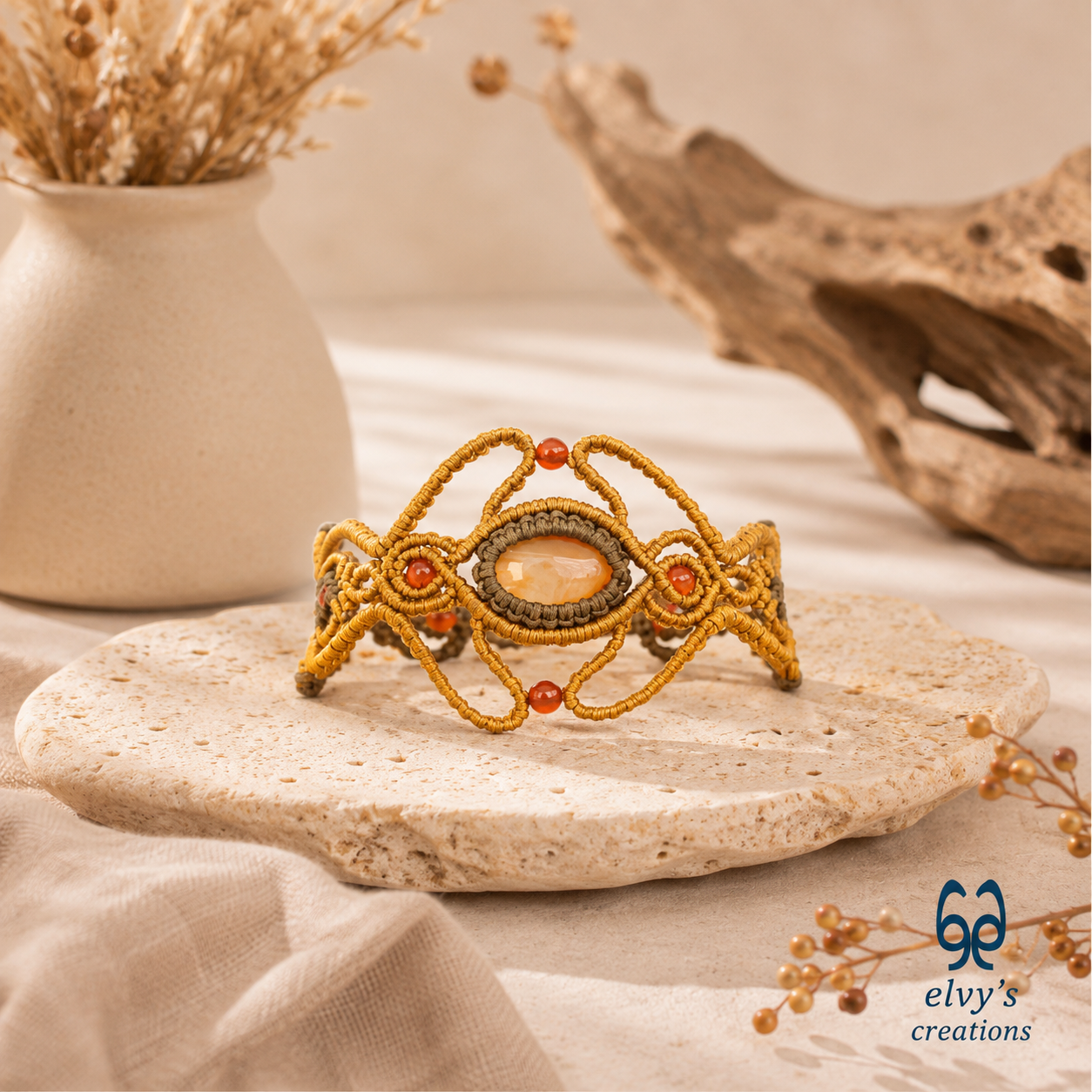 Gold Handmade Macrame Bracelet with Orange Carnelian Gemstones