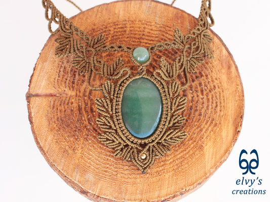 Handmade Dark Gold Macrame Necklace with Green Aventurine Gemstones