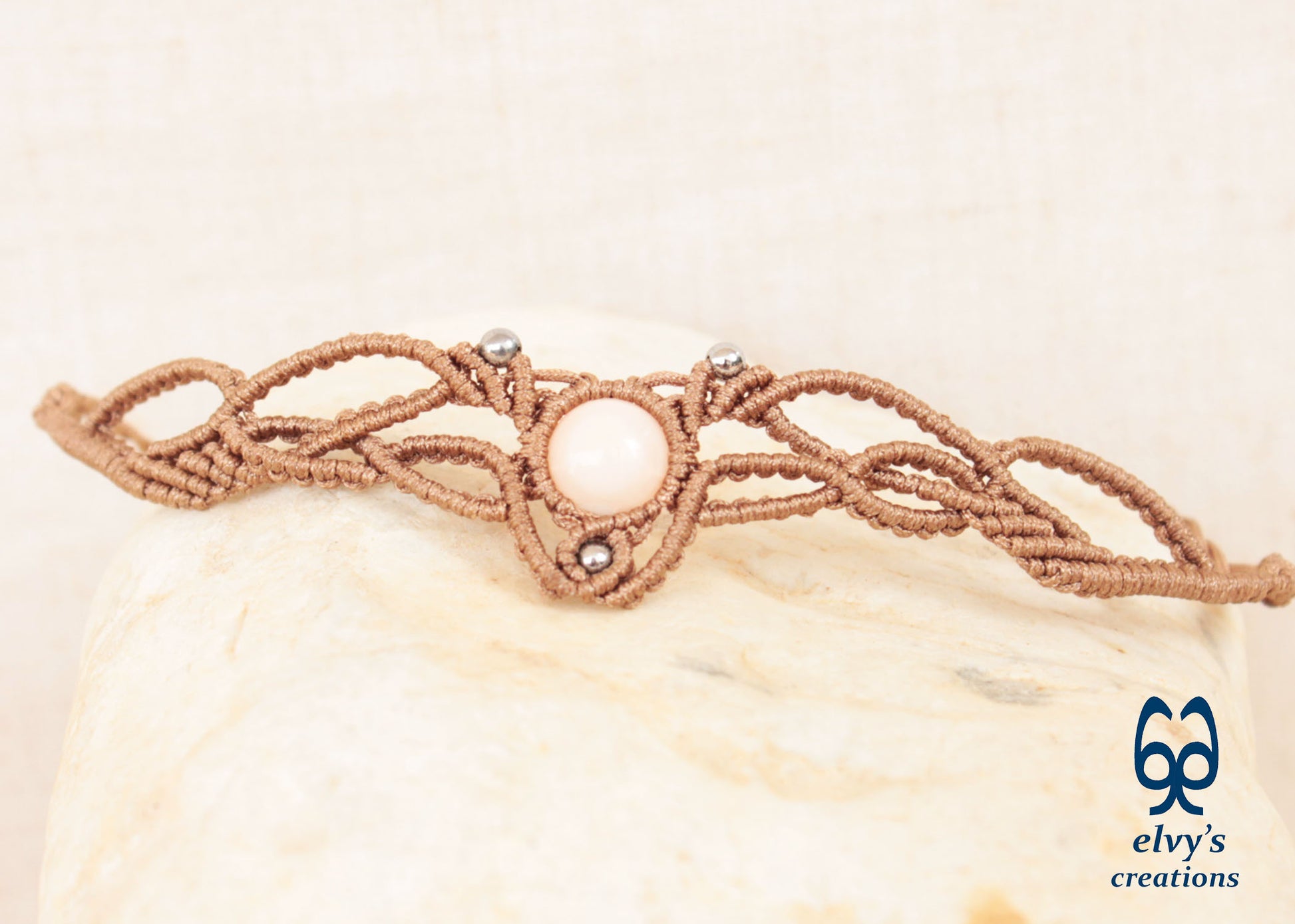 Dark Beige Macrame Necklace with Pink Quartz Gemstone Boho Choker with Silver Hematite Gemstones
