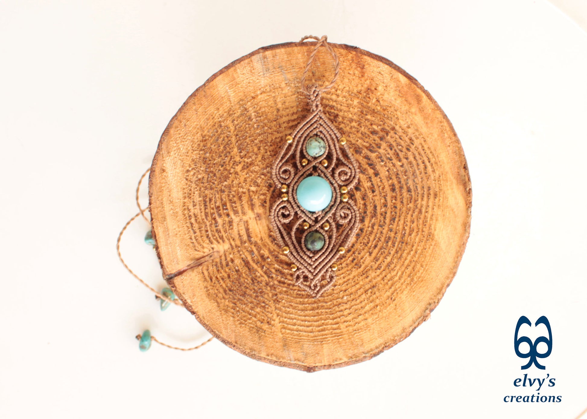 Rusty Gold Macrame Necklace with Turquoise Gemstones Gold Macrame Pendant