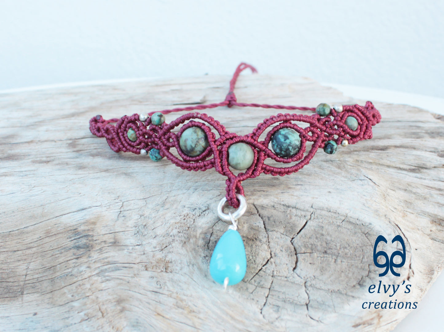 Handmade Dark Red Macrame Necklace with Turquoise Gemstones Adjustable 