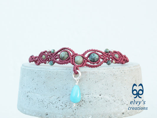 Handmade Dark Red Macrame Necklace with Turquoise Gemstones Adjustable 