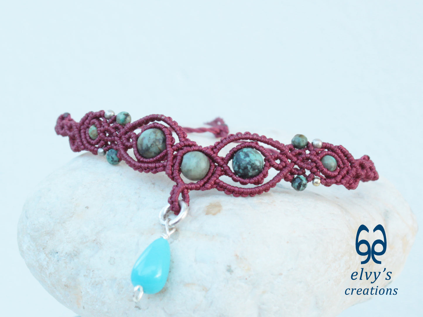 Handmade Dark Red Macrame Necklace with Turquoise Gemstones Adjustable 