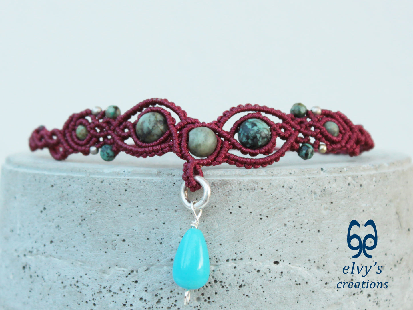 Handmade Dark Red Macrame Necklace with Turquoise Gemstones Adjustable 