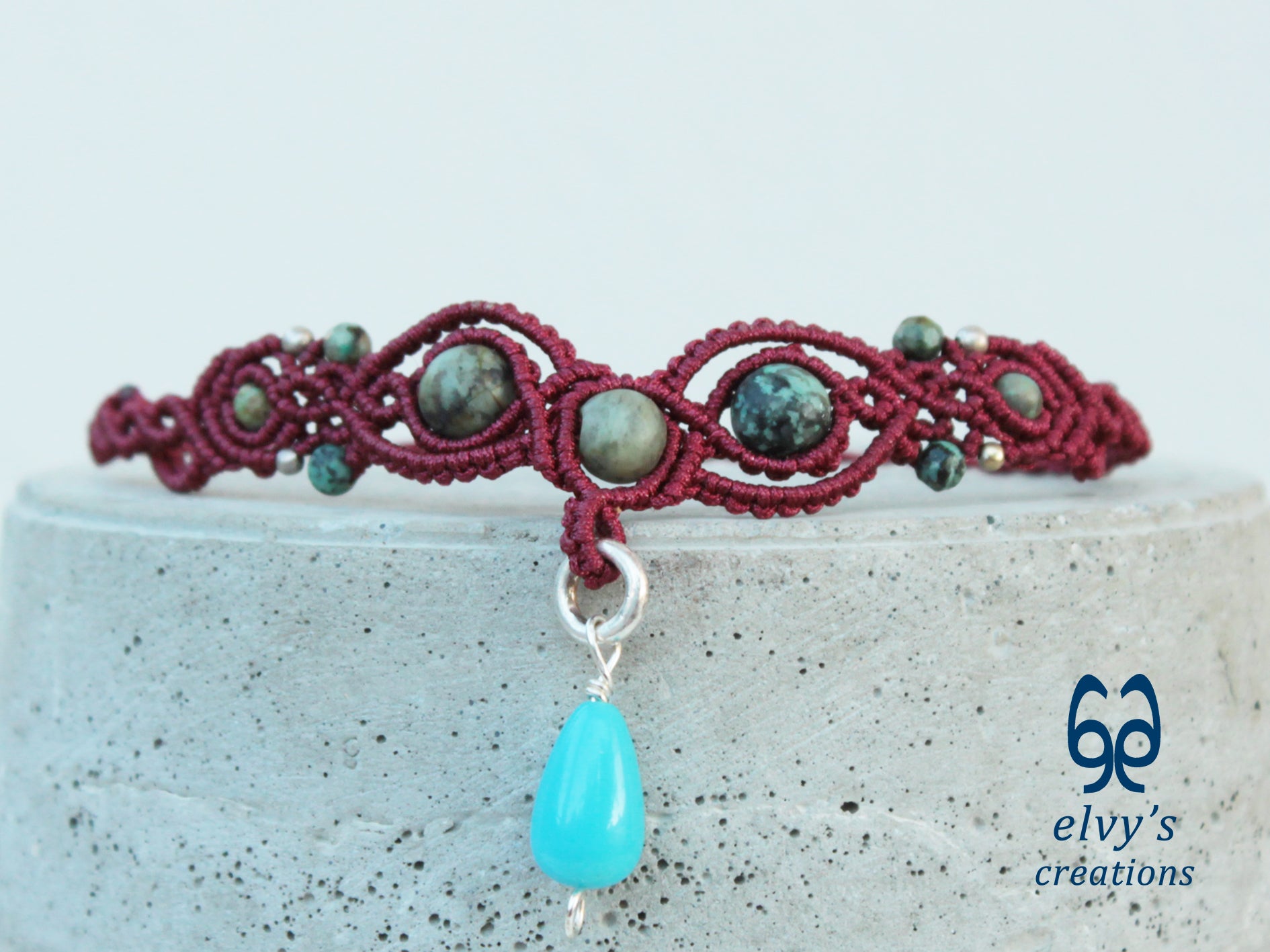 Handmade Dark Red Macrame Necklace with Turquoise Gemstones Adjustable 