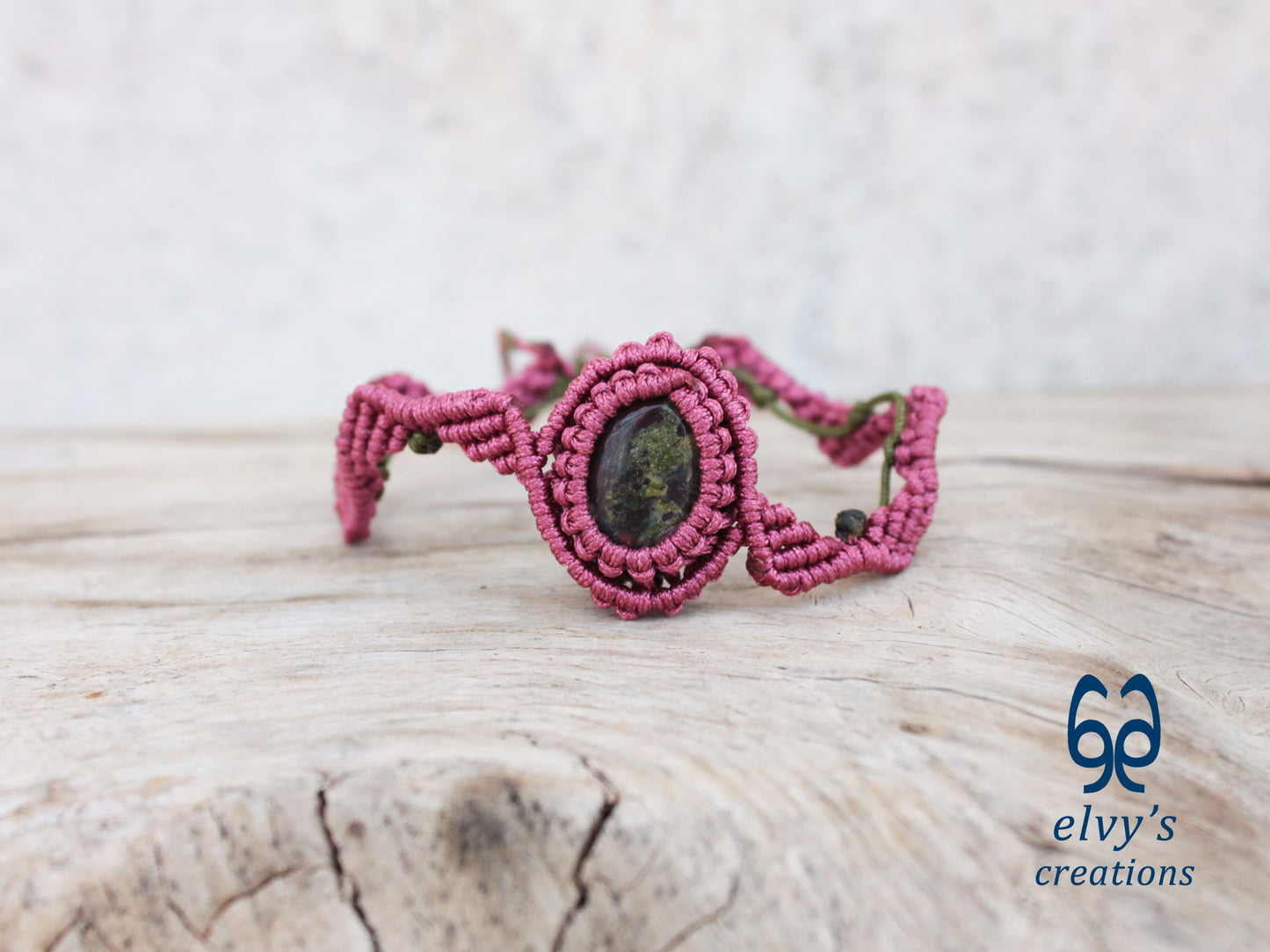 Handmade Green Macrame Bracelet Pink Bracelet with Dragon Blood Gemstone